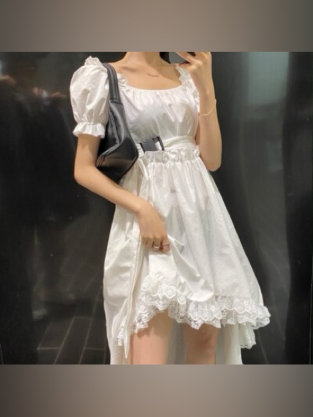 White Puff-Sleeve Lace-Trim Low-High Dress